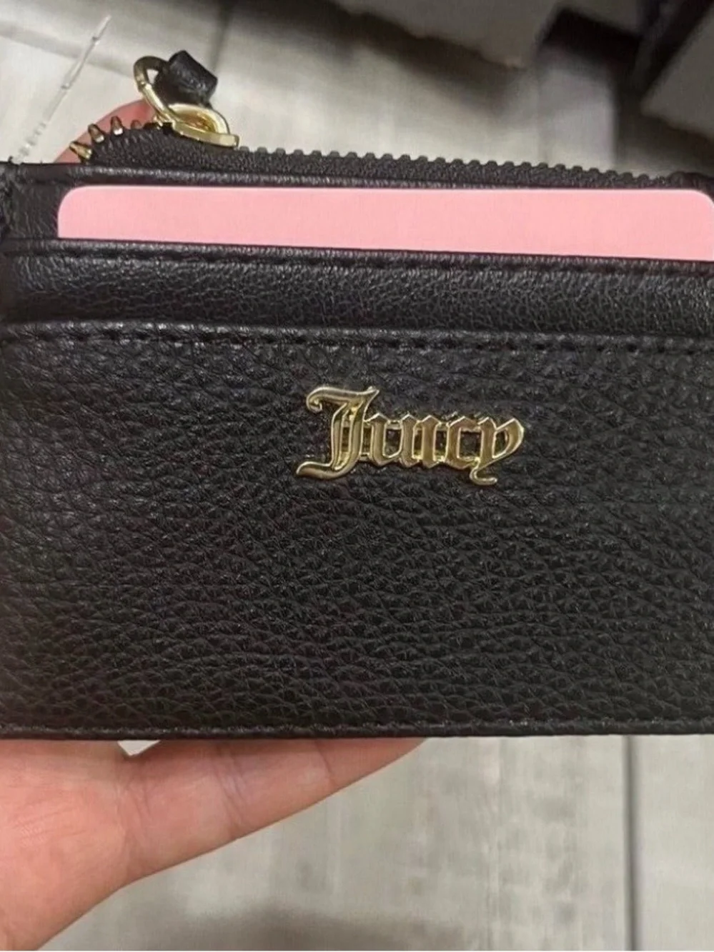 Juicy Couture Black Card Holder with Heart Keychain.